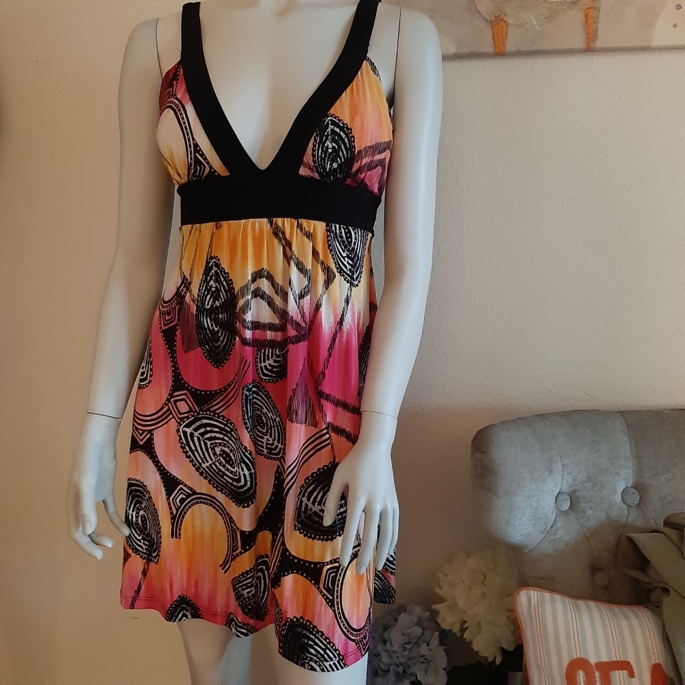 BELTED OMBRE DRESS ORANGE PINK SLEEVELESS V-NECK Med.         c